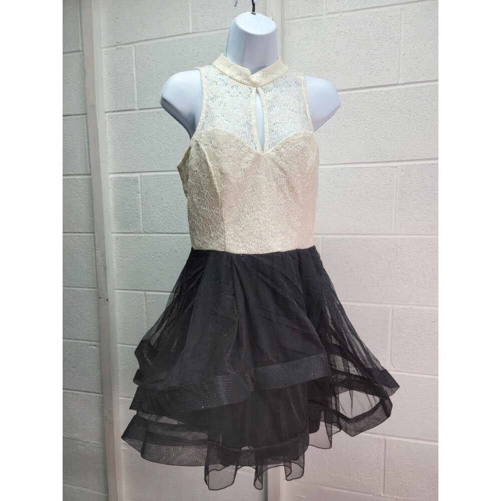 SPEECHLESS High-Neck Lace and Tiered Mesh Formal Prom Dress